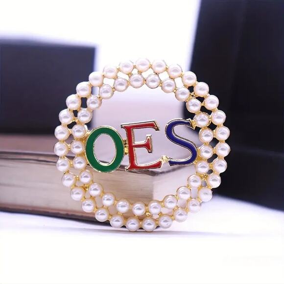 OES Eastern Star Brooch Pin with White Pearls and Multicolored Rhinestones - Picture 3 of 5